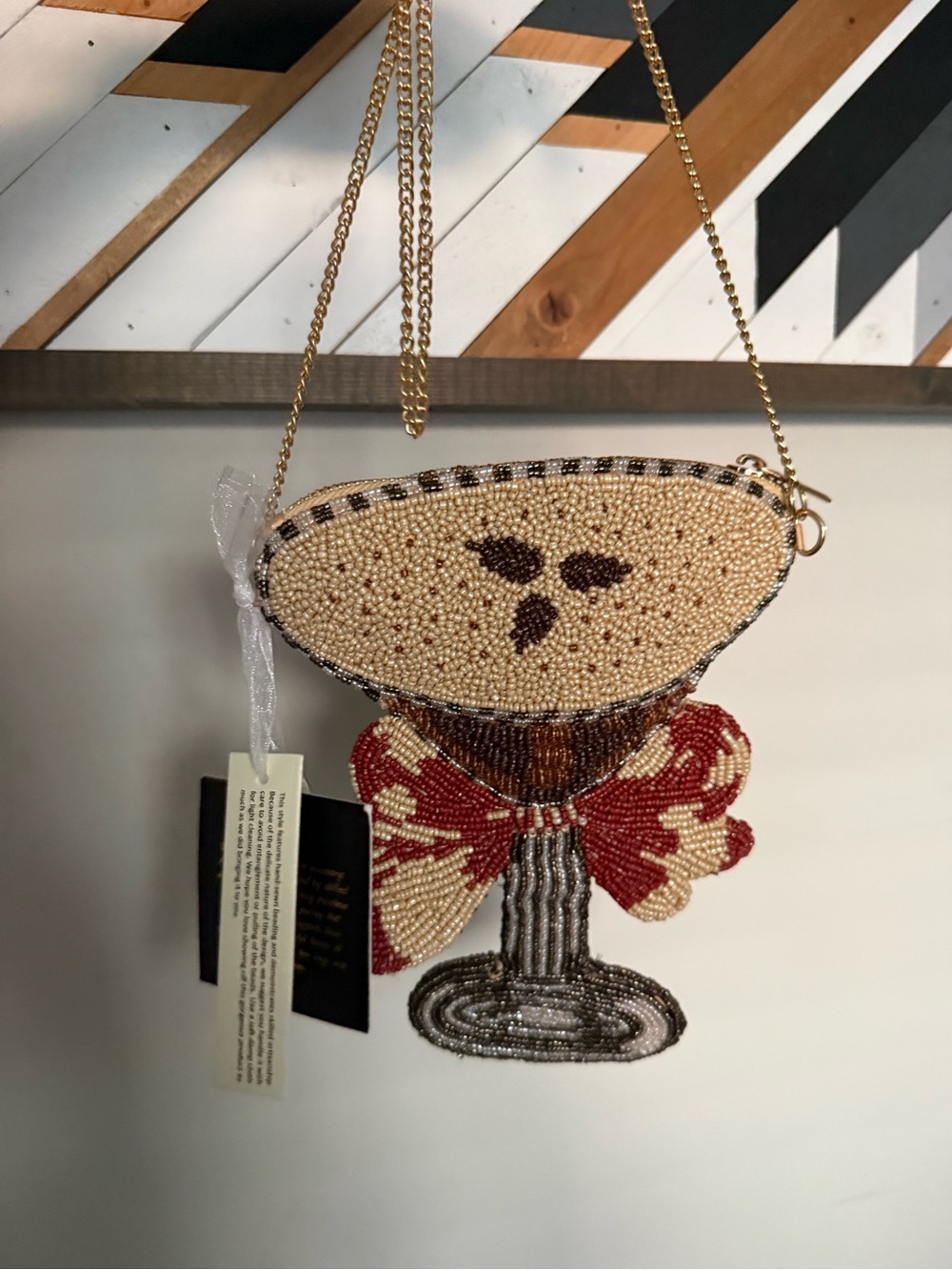 Beaded Cocktail-Shaped Crossbody Bag in Cream, Red & Brown